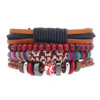 PU Leather Cord Bracelets with Porcelain & Wax Cord & Wood handmade 4 pieces & fashion jewelry & Unisex multi-colored Sold By Set