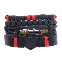 PU Leather Cord Bracelets, with Wax Cord & Wood & Tibetan Style, handmade, 4 pieces & fashion jewelry & Unisex, two different colored, 79x95mm, Sold By Set