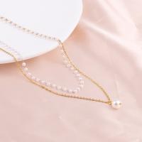 Multi Layer Necklace, Titanium Steel, with Plastic Pearl, with 1.97inch extender chain, Vacuum Ion Plating, Double Layer & fashion jewelry & for woman, golden, Length:Approx 17.72 Inch, Sold By PC