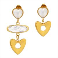 Asymmetric Earrings, Titanium Steel, with Glass Rhinestone & Plastic Pearl, Heart, Vacuum Ion Plating, for woman, more colors for choice, 1.6x3.4cm,1.2x2.1cm, Sold By Pair