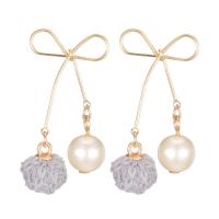 Zinc Alloy Stud Earring with Plush & Plastic Pearl Bowknot gold color plated fashion jewelry & for woman nickel lead & cadmium free 40mm Sold By Pair