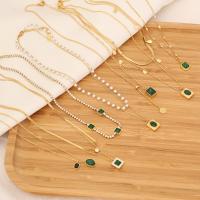 Stainless Steel Jewelry Necklace 304 Stainless Steel with Emerald & Plastic Pearl with 1.97inch extender chain Vacuum Ion Plating & for woman & with rhinestone golden Length Approx 15.75 Inch Sold By PC