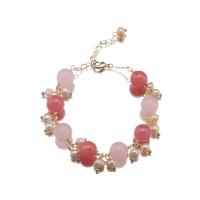 quartzo cerejaq pulseira, with Pérolas de água doce & quartzo rosa & cobre, 18K banhado a ouro, joias de moda & para mulher, comprimento Aprox 7.9 inchaltura, vendido por PC