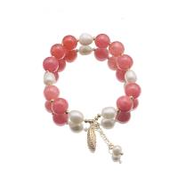 Freshwater Pearl Bracelet, with Cherry Quartz, Leaf, 18K gold plated, fashion jewelry & for woman, Length:Approx 6.7-7 Inch, Sold By PC