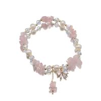 Freshwater Pearl Bracelet with Rose Quartz & Brass 18K gold plated fashion jewelry & micro pave cubic zirconia & for woman Length Approx 6.7-7 Inch Sold By PC