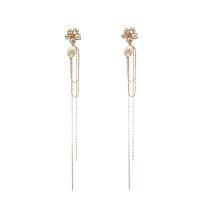 Freshwater Pearl Tassel Earring with Brass Flower 18K gold plated fashion jewelry & for woman 140mm Sold By Pair