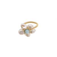 Freshwater Pearl Cuff Finger Ring with Aquamarine & Brass Flower 18K gold plated fashion jewelry & for woman 20mm Sold By PC