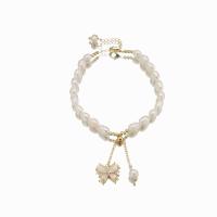 Freshwater Pearl Bracelet with Brass Butterfly 18K gold plated fashion jewelry & micro pave cubic zirconia & for woman Length Approx 8.3 Inch Sold By PC