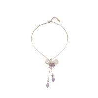 Freshwater Pearl Necklace with White Shell & Amethyst & Brass Butterfly 18K gold plated fashion jewelry & for woman Length Approx 17.7 Inch Sold By PC
