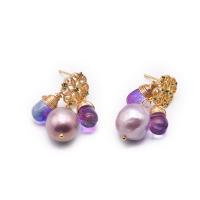 Freshwater Pearl Drop Earring, with Amethyst & Brass, 18K gold plated, fashion jewelry & for woman & hollow, 7x25mm, Sold By Pair