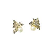 Ferskvandsperle Stud Earring, med Messing, Butterfly, 18K forgyldt, mode smykker & Micro Pave cubic zirconia & for kvinde, 20mm, Solgt af par