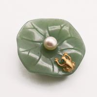 Green Aventurine Brooch with Freshwater Pearl & Brass Frog plated fashion jewelry & for woman & with rhinestone 50mm Sold By PC