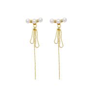 Fashion Fringe Earrings, Tibetan Style, with Plastic Pearl, high quality plated, fashion jewelry & for woman & with rhinestone, golden, nickel, lead & cadmium free, 73x18mm, Sold By Pair