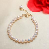 Bracelet en perles de culture d'eau douce, perle d'eau douce cultivée, avec laiton, avec 4cm chaînes de rallonge, Plaqué d'or 14K, Naturel & bijoux de mode & pour femme, blanc, 5-6mm, Vendu par 16 cm brin