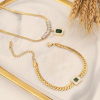 Fashion Stainless Steel Jewelry Sets, 304 Stainless Steel, with Emerald, with 1.97inch extender chain, different styles for choice & micro pave cubic zirconia & for woman, golden, Length:Approx 15.75 Inch, Approx 7.09 Inch, Sold By PC
