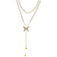 Stainless Steel Jewelry Necklace 316L Stainless Steel with Plastic Pearl Butterfly fashion jewelry & for woman & with rhinestone golden Length Approx 26.77 Inch Sold By PC