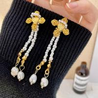 Fashion Fringe Earrings Brass with Plastic Pearl real gold plated fashion jewelry & for woman golden nickel lead & cadmium free 70mm Sold By Pair