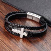 PU Leather Cord Bracelets, with 304 Stainless Steel, Cross, three layers & vintage & for man, black, Length:21 cm, Sold By PC