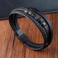 PU Leather Cord Bracelets, with 304 Stainless Steel, Vacuum Ion Plating, three layers & vintage & for man, black, Length:21 cm, Sold By PC