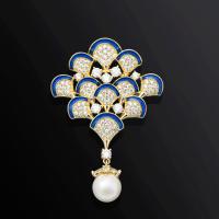 Plastic Pearl Brooch, Brass, with Plastic Pearl, Vacuum Ion Plating, micro pave cubic zirconia, white, nickel, lead & cadmium free, 40x59mm, Sold By PC
