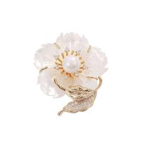 Freshwater Pearl Brooch Brass with Shell & Freshwater Pearl Flower Vacuum Ion Plating micro pave cubic zirconia golden nickel lead & cadmium free Sold By PC