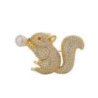 Freshwater Pearl Brooch, Brass, with Freshwater Pearl, Squirrel, Vacuum Ion Plating, micro pave cubic zirconia, golden, nickel, lead & cadmium free, 30x52mm, Sold By PC