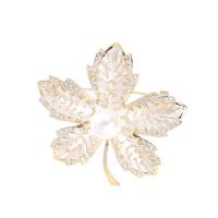 Freshwater Pearl Brooch, Brass, with Freshwater Pearl, Leaf, Vacuum Ion Plating, micro pave cubic zirconia, golden, nickel, lead & cadmium free, 47x47mm, Sold By PC