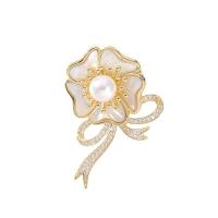 Fashion Brooch Jewelry, Brass, with Shell Pearl, Flower, Vacuum Ion Plating, micro pave cubic zirconia, golden, nickel, lead & cadmium free, 25x42mm, Sold By PC