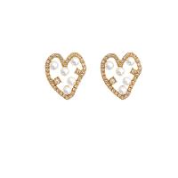 Tibetan Style Stud Earring, with Plastic Pearl, Heart, high quality plated, fashion jewelry & for woman & with rhinestone & hollow, golden, nickel, lead & cadmium free, 20x16mm, Sold By Pair