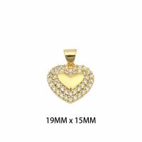 Brass Heart Pendants, gold color plated, DIY & for woman & with rhinestone, nickel, lead & cadmium free, 19x15x0.3mm, Hole:Approx 0.3mm, Sold By PC