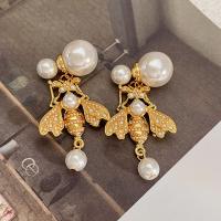 Brass Drop Earring, with Plastic Pearl, real gold plated, fashion jewelry & for woman, golden, nickel, lead & cadmium free, 50mm, Sold By Pair