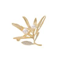 Plastic Pearl Brooch, Brass, with Plastic Pearl, Flower, Vacuum Ion Plating, fashion jewelry & micro pave cubic zirconia & for woman, golden, nickel, lead & cadmium free, 40x37mm, Sold By PC