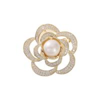 Mode Brosch smycken, Mässing, med Shell Pearl, Blomma, mode smycken & micro bana cubic zirconia & för kvinna, gyllene, nickel, bly och kadmium gratis, 37mm, Säljs av PC