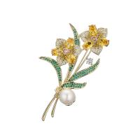 Freshwater Pearl Brooch, Brass, with Freshwater Pearl, Flower, Vacuum Ion Plating, fashion jewelry & micro pave cubic zirconia & for woman, more colors for choice, nickel, lead & cadmium free, 32x68mm, Sold By PC