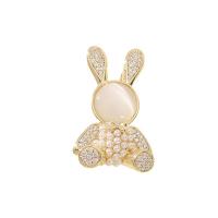 Freshwater Pearl Brooch Brass with Cats Eye & Plastic Pearl Rabbit Vacuum Ion Plating fashion jewelry & micro pave cubic zirconia & for woman golden nickel lead & cadmium free Sold By PC