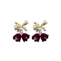 Zinc Alloy Drop Earring with Flocking Fabric & Plastic Pearl Bowknot gold color plated fashion jewelry & for woman Sold By Pair