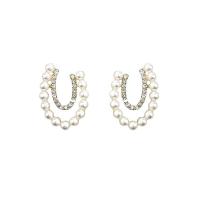 Plastic Pearl Stud Earring with Zinc Alloy Letter U gold color plated for woman & with rhinestone Sold By Pair