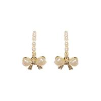 Plastic Pearl Drop Earring, with Tibetan Style, Bowknot, gold color plated, Korean style & for woman & with rhinestone, 14x30mm, Sold By Pair