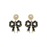 Plastic Pearl Drop Earring, with Tibetan Style, Bowknot, gold color plated, Korean style & for woman & enamel & with rhinestone, 20x30mm, Sold By Pair