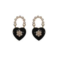 Plastic Pearl Drop Earring with Zinc Alloy Heart gold color plated Korean style & for woman & enamel Sold By Pair