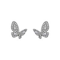 Tibetan Style Stud Earring, Butterfly, silver color plated, Korean style & for woman & with rhinestone, 15x19mm, Sold By Pair