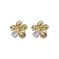 Zinc Alloy Stud Earring Flower gold color plated Korean style & for woman & with rhinestone Sold By Pair