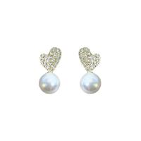 Plastic Pearl Stud Earring with Zinc Alloy Heart gold color plated Korean style & for woman & with rhinestone Sold By Pair