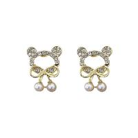 Tibetan Style Stud Earring, with Plastic Pearl, Bear, gold color plated, for woman & with rhinestone & hollow, 11x15mm, Sold By Pair