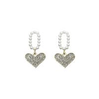 Zinc Alloy Drop Earrings with Plastic Pearl Heart gold color plated Korean style & for woman & with rhinestone Sold By Pair