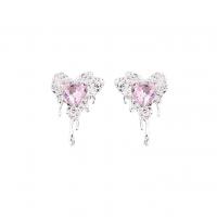 Zinc Alloy Stud Earring Heart silver color plated Korean style & for woman & with rhinestone Sold By Pair