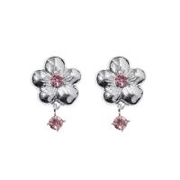 Tibetan Style Stud Earring, Flower, silver color plated, Korean style & for woman & with rhinestone, 19x28mm, Sold By Pair