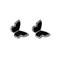 Zinc Alloy Stud Earring Butterfly silver color plated Korean style & for woman & enamel & with rhinestone Sold By Pair