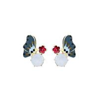 Tibetan Style Stud Earring, Butterfly, gold color plated, for woman & enamel & with rhinestone, 13x19mm, Sold By Pair