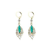 Zinc Alloy Drop Earrings Leaf gold color plated for woman & with rhinestone & hollow Sold By Pair
